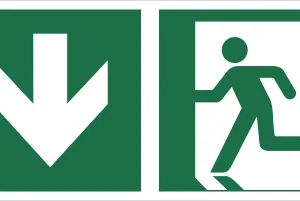 Znak łączony wyjście ewakuacyjne ze strzałką w dół